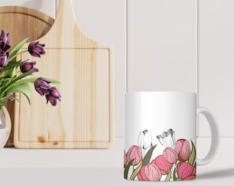 Flower Mug, Pink Tulip Coffee Mug, Spring Tea White Mug, Minimalist Design, Large Coffee Mug For Her, Tea Cup, Ceramic, Floral Design