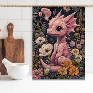 Baby Dragon Dish Towel, Dragon Decor, Housewarming Gift, Dragon On A Towel, Dragon Kitchen Towel, Fantasy Dragon, Pink Floral Dragon,Bearded