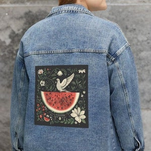 Palestine Print Jacket, Keffiyeh Duster, Palestine Kimono | Watermelon Print | Keffiyeh Big Scarf | Free Palestine | Women&#39;s Jean Jacket
