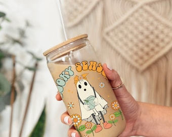 Cute Halloween Glass Can Cup, Gifts For Her | Spooky Season | Spooky Cup | Halloween Cups | Middle Finger Ghost Cup | Bamboo Lid And Straw