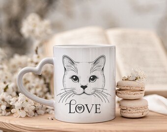 Love Cat Mug, Heart Handle, Line Drawing, Cat Lover Gift