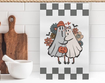 Toalla de cocina de fantasmas retro, toalla de té de anfitriona, regalo de Halloween, paño de plato, toalla de plato, decoración de cocina, decoraciones de otoño, fantasmas retro