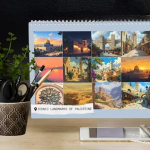 May include: A calendar featuring a collage of iconic landmarks in Palestine. The calendar has a blue background and a white border. The images include the Dome of the Rock, the Church of the Holy Sepulchre, and the Western Wall.