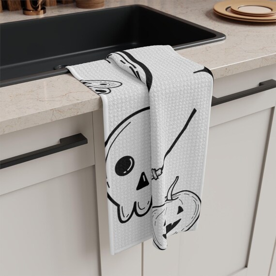 Halloween-Küchentücher Set – 2 Schwarz-weiße Geister-Motive, 40,6x71,1 Cm, Saugstark
