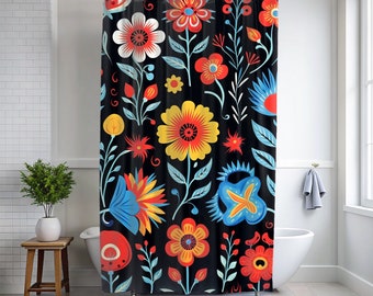 Scandinavian "Botanical Heritage" Folk Art Shower Curtain |  Blue Coral Beige Flowers Bath Curtain | Modern Botanical Bath | Boho Minimalist