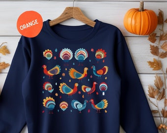 Folk Art Turkey Thanksgiving Sweatshirt, Autumn Harvest Crewneck