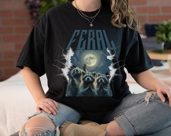 Raccoon Lovers | Oversized Washed Tee | Three Raccoons Vintage Graphic T-Shirts | Funny Raccon Tee | Retro Raccoon Moon Tshirt