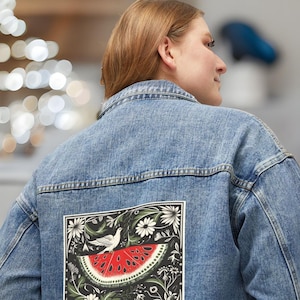 Palestine Print Jacket, Keffiyeh Duster, Palestine Kimono | Watermelon Print | Keffiyeh Big Scarf | Free Palestine | Women&#39;s Jean Jacket