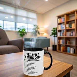 May include: A white ceramic mug with a black interior and handle, featuring the text "THERAPIST TEXTING CODE" and a list of related phrases. The mug is on a wooden table, with a blurred background of a room with furniture and bookshelves.