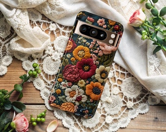 Bohemian Flowers Phone Case, Floral Impact Resistant Tough Cover, Faux Embroidery Phone Cover, Impact Resistant, iPhone Samsung Google Pixel