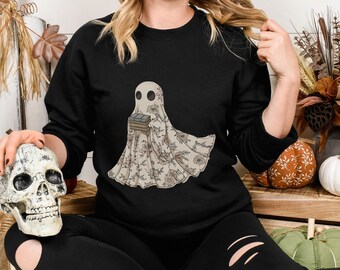 Cottagecore Halloween Ghost Reading Sweatshirt, Book Lover Crewneck