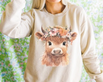 Sudadera de vaca Highland, sudadera Highland Cow Cottagecore, cuello redondo de vaca Highland, camisa de vaca Highland, camisa de amor de granja, regalo de vaca para ella