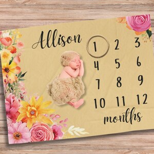 Aangepaste babydeken | Kraamcadeau | Maandelijkse mijlpaaldeken | Maanddeken | Bloemen mijlpaal deken | Bloemen babydeken