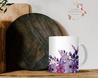 Lila blommig kaffemugg: Boho Cottagecore botanisk tekopp