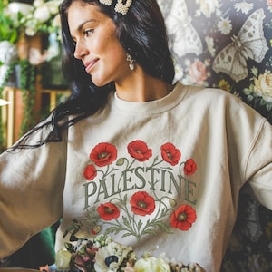 Palestine Floral Sweatshirt, Poppies, Crewneck, Gift for Activists, Palestinian Sweatshirt, Free Palestine Apparel, Unique Palestine Gifts