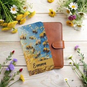 Personalizado Bee Wallet Flip Case Flores personalizadas Ombre Corazones Miel Abejas Monograma Nombre para iPhone 15 14 13 12 11 8 XR SE Samsung Galaxy