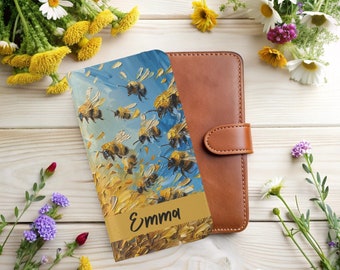 Personalized Bee Wallet Flip Case Custom Flowers Ombre Hearts Honey Bees Monogram Name for iPhone 15 14 13 12 11 8 XR SE Samsung Galaxy