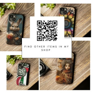 May include: Four different phone cases with various designs. The cases feature a rabbit with flowers, a colorful sunflower, a watermelon slice, and a girl with a crown. The text "FIND OTHER ITEMS IN MY SHOP" is displayed on a white rectangle.