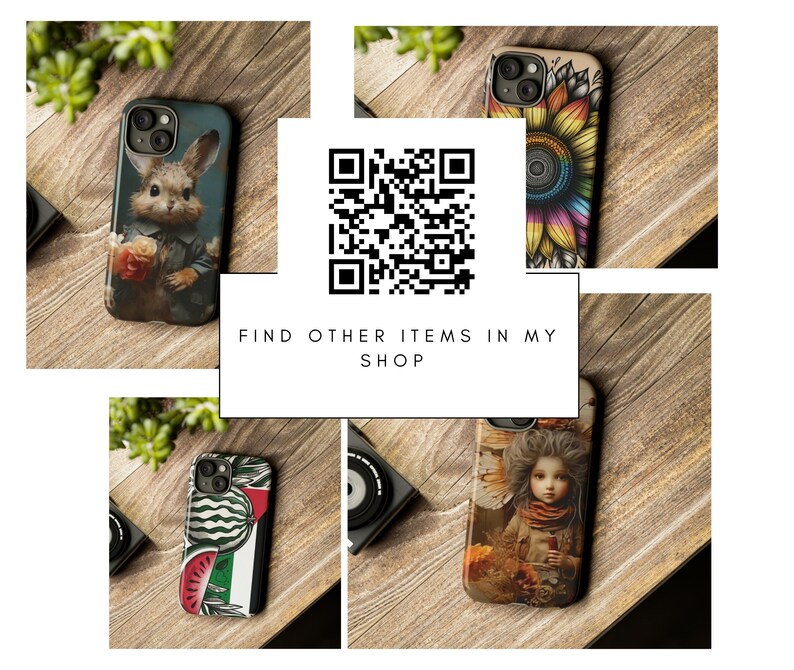 May include: Four different phone cases with various designs. The cases feature a rabbit with flowers, a colorful sunflower, a watermelon slice, and a girl with a crown. The text "FIND OTHER ITEMS IN MY SHOP" is displayed on a white rectangle.