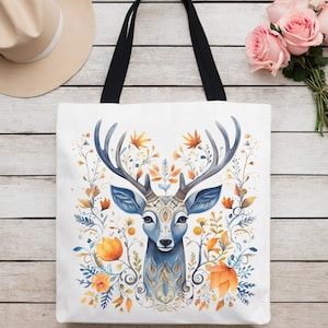Floral Tote Bag, Deer Hunting Tote, Canvas Tote Bag, Shopping Bag, Gift For Women Tote, Birthday Gift Bag, Bridal Gift Tote Bag, Library Bag