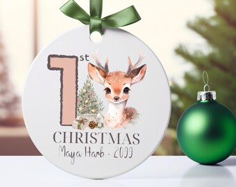 Babys erstes Ornament, Hirsch Ornament für Mädchen, Babypartygeschenk, Wald Thema, Andenken für Neugeborene, süßes Deer Design