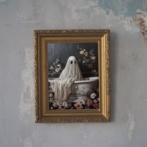 Ghost in the Bathtub, Halloween Decor, Ghost Bathroom Print, Art Poster Print, Dark Academia, Vintage Poster, Gothic Painting