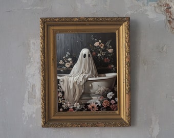 Ghost in the Bathtub, Halloween Decor, Ghost Bathroom Print, Art Poster Print, Dark Academia, Vintage Poster, Gothic Painting