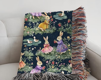 Bunny Rabbit Cotton Woven Blanket, Forest Floor Woodland Strawberry Mushroom Toadstool Easter Tapestry Throw, Cozy Woodland Picnic, Nursery