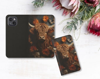 Highland Cow Wallet Phone Case, Wallet Flip Phone Case with Card Holder, iPhone, Samsung Galaxy, Cow Gifts For Cow Lovers, Funny Cow Gift