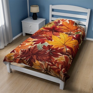 Fall Blanket Bed, Autumn Leaves Throw, Gift For Him Her, Fall Decor, Farmhouse Decor, Holiday Cozy Decor,  Leaf Blanket, Thanksgiving Gift