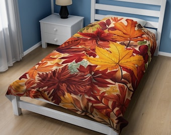 Fall Blanket Bed, Autumn Leaves Throw, Gift For Him Her, Fall Decor, Farmhouse Decor, Holiday Cozy Decor,  Leaf Blanket, Thanksgiving Gift