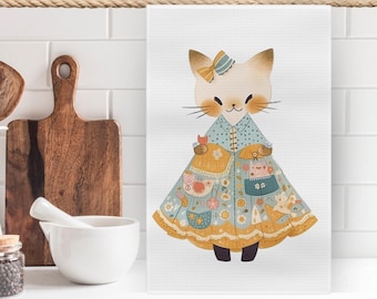 Keukenhanddoek katten | Cottagecore-decoratie met bloemen, cadeau kattenliefhebber