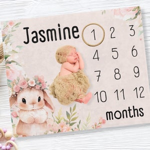 Couverture mensuelle d’étape de bébé Woodland, cadeau personnalisé de douche de bébé, pépinière nouveau-née, accessoire photo d’étape, croissance de bébé, lapin, Boho