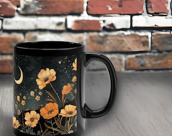 Taza de café mística / Setas y fases del café lunar / Taza Cottagecore / Taza de cerámica hecha a mano / Cottagecore Moon Boho Nature Gift