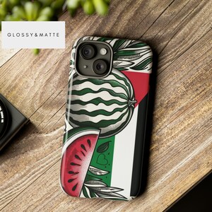 May include: A phone case with a white, green, and red watermelon design. The case has a glossy finish and features a camera lens cutout. The text "GLOSSY & MATTE" is printed on the case.