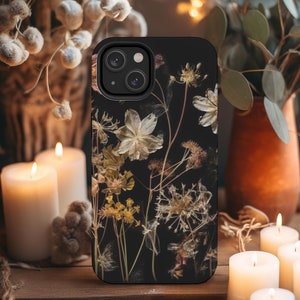 Telefoonhoesje geperste bloem, stoere hoesjes, iphone 15 Pro Max, Floral Design-hoesje, geperste gedroogde bloem, Apple IPhone, humeurige bloemen