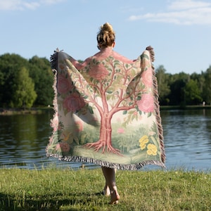 Tapestry Throw Blanket, Pink Tree of life, Cottagecore Style Tapestry, Picnic, Woven Sofa Blanket, Outdoor Blanket, Cotton With Fringe,