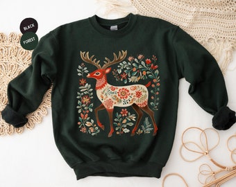 Deer Hunting, Folk Deer sweatshirt, Norwegian Folk Art, Swedish Folk Art, Scandinavian Shirt, Swedish Christmas, Hygge, Cottagecore, Nordic