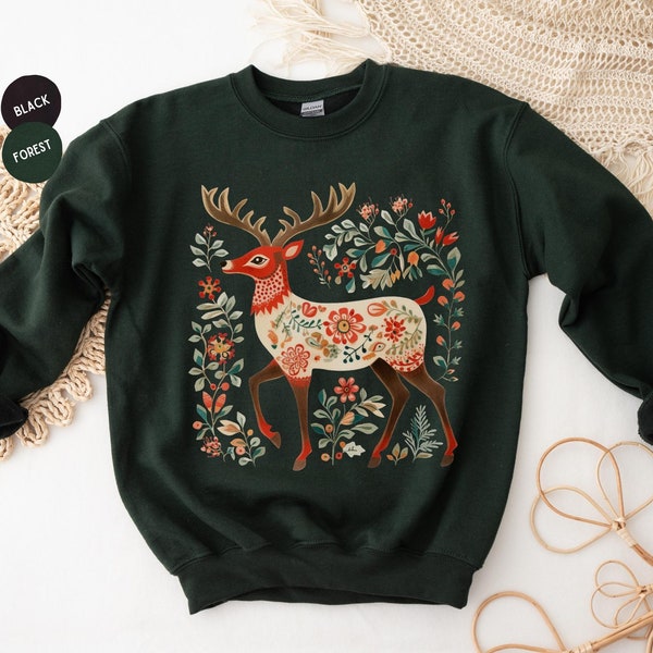 Deer Hunting, Folk Deer sweatshirt, Norwegian Folk Art, Swedish Folk Art, Scandinavian Shirt, Swedish Christmas, Hygge, Cottagecore, Nordic