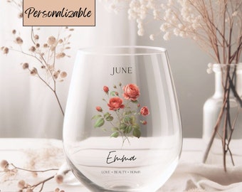 Personalized Birth Flower Wine Glass, Custom Engraved Gift