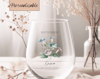Personalized Birth Flowers Wine Glass Custom Name with Your Birth Flower Christmas Anniversary Mother's day Best Friend Gift For Her Wedding