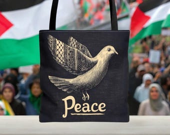 May include: A black canvas tote bag with a white dove illustration and the word "Peace" printed in a stylized font. The dove has intricate patterned wings.