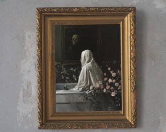 Ghost in the Bathtub, Halloween Decor, Ghost Bathroom Print, Art Poster Print, Dark Academia, Vintage Poster, Gothic Painting