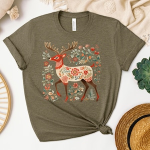 Deer Hunting, Folk Deer shirt, Norwegian Folk Art, Swedish Folk Art, Scandinavian Shirt, Swedish Christmas, Hygge, Cottagecore, Nordic