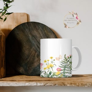 Boho Floral Mug, Pressed Flowers Mug, Boho Wildflowers Cottagecore, Vintage Botanical Tea Cup, Pastel Nature, Flower Garden Lover Gift
