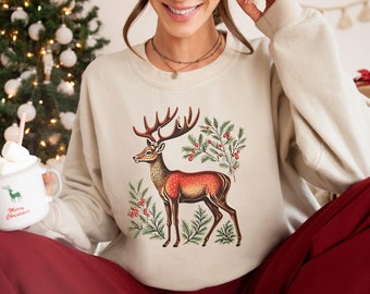 Deer Nature Sweatshirt, Rudolph Christmas Shirt,  Vintage Christmas, Farmhouse Reindeer Sweatshirt, Santa's Reindeer, Hunting Adventure