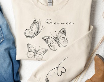 Dreamer Butterfly Sweatshirt: Gildan 18000, Sand & Heather Grey