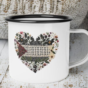 Palestine Coffee Mug | Pressed Flowers Tea Mug | Free Palestine Ceramic Mug | Palestine Gift Ideas | Palestinian Flag Cup | Enamel Camp Cup