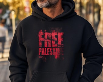 Bluza z kapturem unisex z francuskiej frotte „Free Palestine”, odzież aktywistyczna, sztuka palestyńska, solidarność z Palestyną, bombardowanie dzieci to nie samoobrona