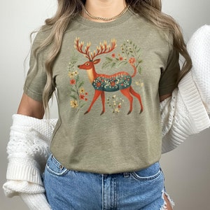 Folk Deer shirt, Norwegian Folk Art, Swedish Folk Art, Deer Hunting, Scandinavian Shirt, Swedish Christmas, Hygge, Cottagecore, Nordic